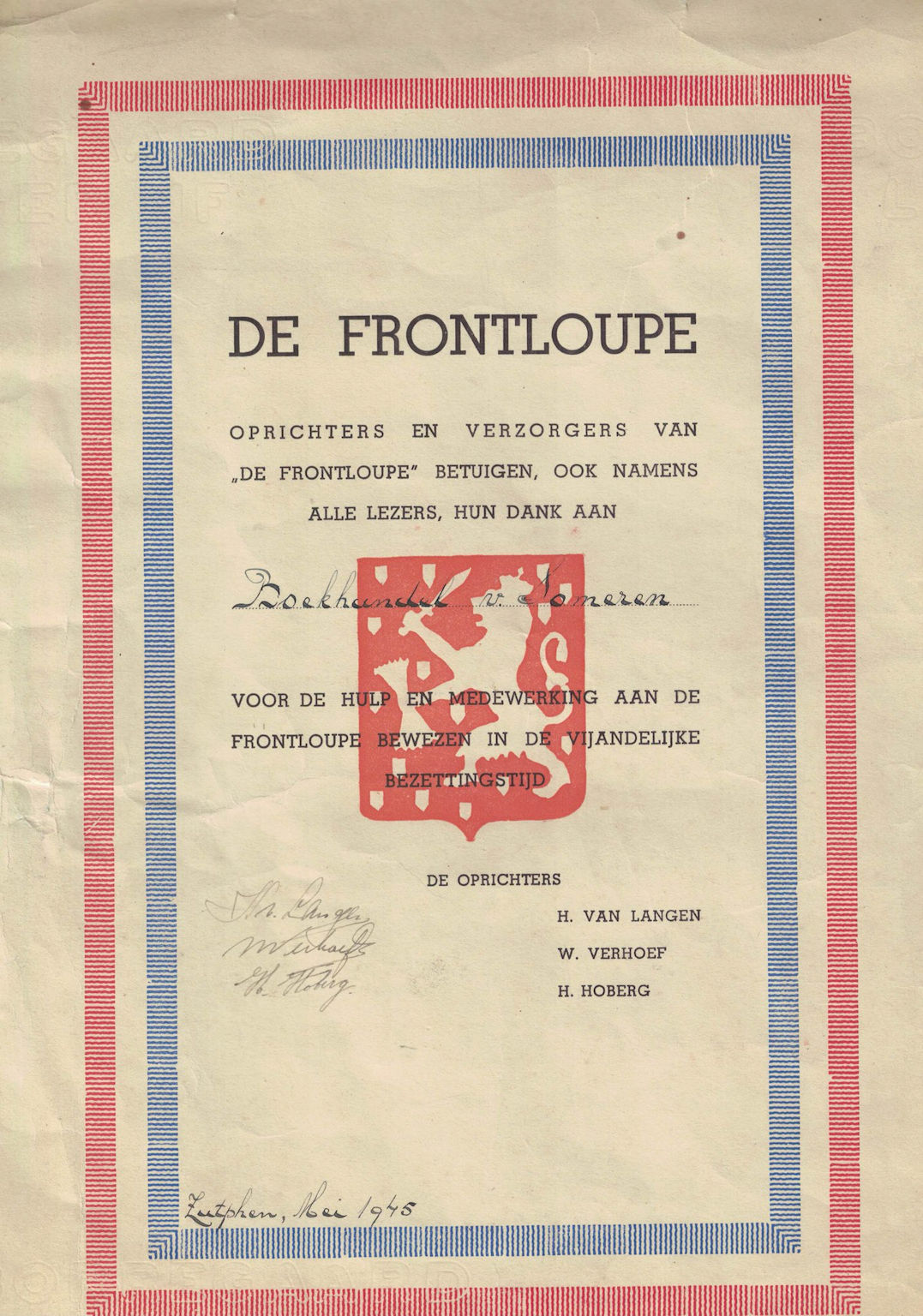 Frontloupe Oorkonde